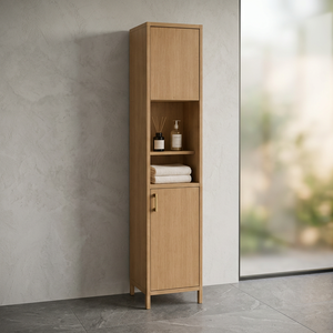 Modern Teak <b>Wood</b> <b>Bathroom</b> Storage Tower with 2 Doors and Center Open Shelves - Product Image 2