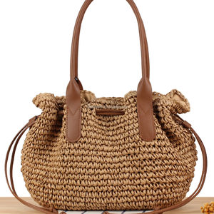 Sac de plage artisanal en paille avec deux anses, idéal pour les vacances et le quotidien, sac à main portable d'été avec cordon de serrage, sac de plage écologique - Product Image 1