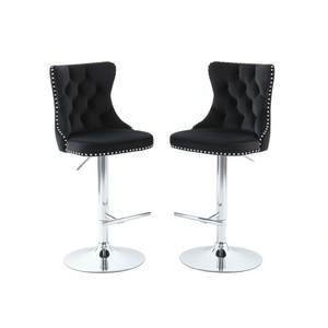 Set di 2 sgabelli da bar moderni in velluto nero, altezza regolabile, base cromata, design trapuntato imbottito per bar domestico - Product Image 1
