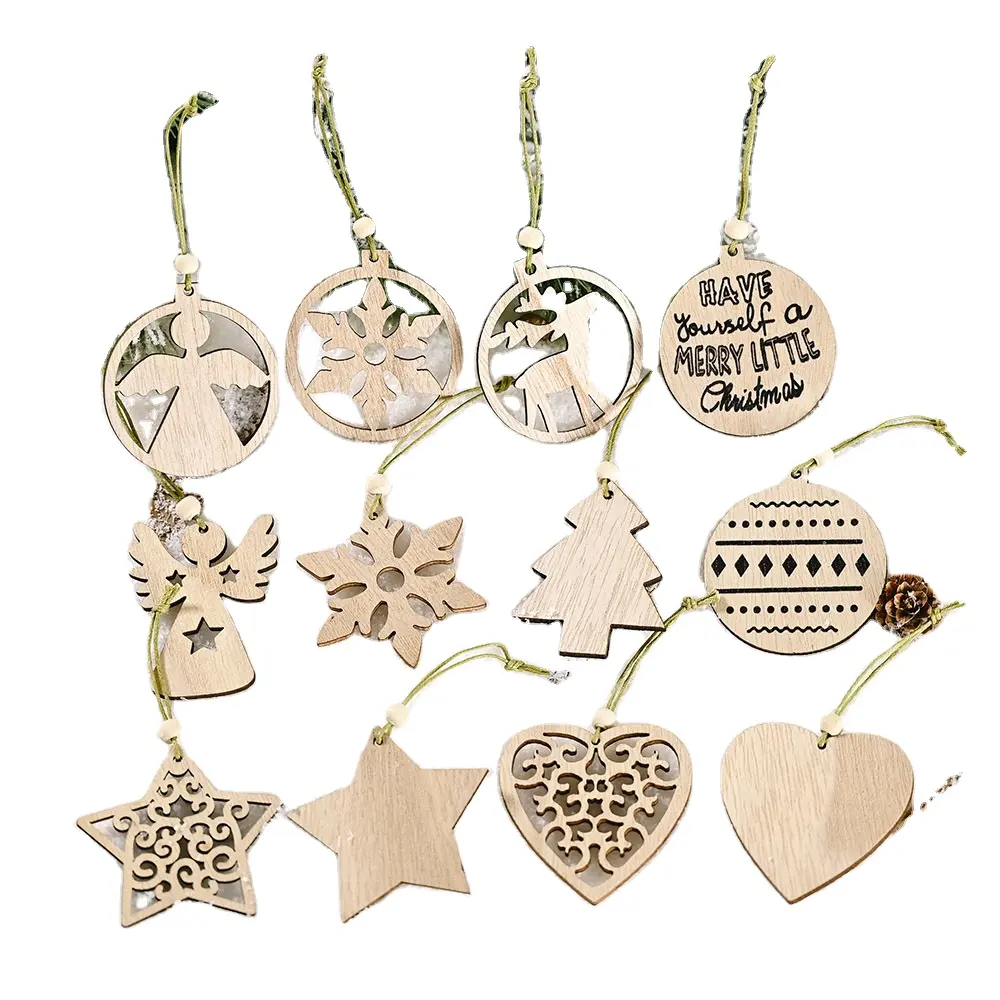 Christmas Tree Pendant Transparent Box 12 Pcs Per Set Wooden Cute Mini Creative Snowflake Angel For New Year Party Decorations