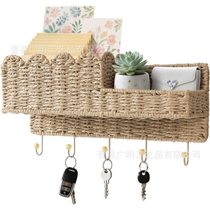 Paper Rope Woven Key Holder Wall Mounted <b>Shelf</b> With <b>Hooks</b> For Keys And Mail Storage Organizer Rectangle Shape - Product Image 5