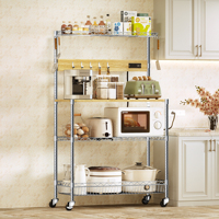 Support de boulangerie moderne avec prise de courant et rangement Support pour micro-ondes Chariot de cuisine Étagères en métal à 4 niveaux avec roulettes