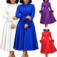 D645 Trendige Kirchenkleider Damen Lässig Elegant O-Ausschnitt 3D-Blumen Langarm A-Linie Partykleider Damen Afrikanisches Kleid für Frauen