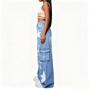 <span class=keywords><strong>Pantaloni</strong></span> Cargo Casual a Vita Alta, Jeans a Gamba Larga <span class=keywords><strong>con</strong></span> Patch a Stella, <span class=keywords><strong>Pantaloni</strong></span> Streetwear Baggy <span class=keywords><strong>con</strong></span> <span class=keywords><strong>Tasche</strong></span> Cargo, Denim Azzurro da <span class=keywords><strong>Donna</strong></span> - Product Image 6