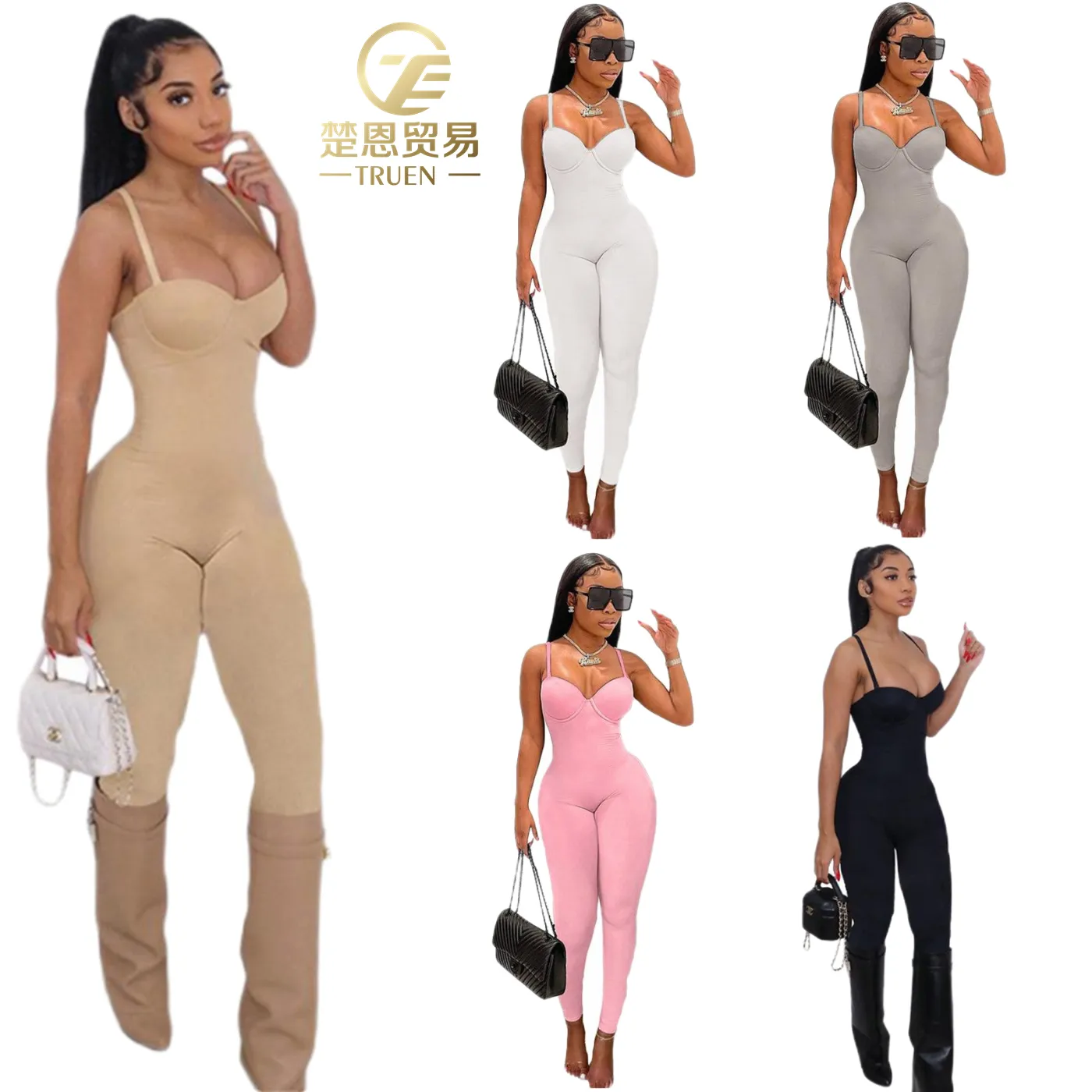 2022 Lady Clothing Summer stretch one piece rompers jumpsuit women party strap bra 3 in 1 sleeveless sexy bodysuit for women