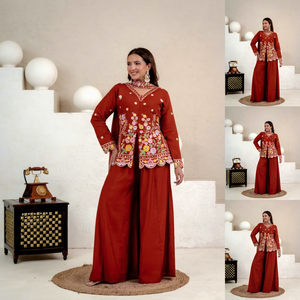 Costume Anarkali traditionnel pour femmes, rouge, brodé, avec motif floral, coupe ample, longueur au sol, en coton, vêtements ethniques Inde Pakistan - Product Image 2