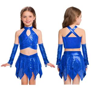 Traje de competición de baile de salón y jazz para niñas de 6 a 16 años, conjunto metálico con top corto, falda y guantes. - Product Image 5