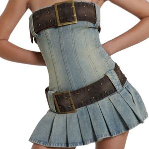 New Arrival Club Style Design Custom Fashion <b>Outfits</b> Blue Wash Belted Corset Mini Denim Kilt Dress for Women - Product Image 2
