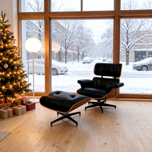 เก้าอี้ห้องนั่งเล่นและห้องนอนระดับไฮเอนด์ พร้อมออตโตมัน เก้าอี้พักผ่อนหนังแท้สีดำทันสมัย พร้อมที่วางเท้า พนักพิงไม้ เหมาะสำหรับล็อบบี้โรงแรม - Product Image 2