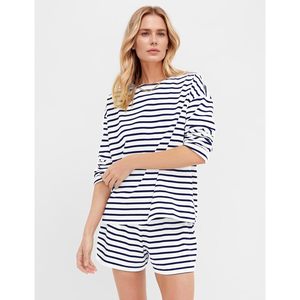 Striped 2 Piece Short Set For Women Casual <b>Long</b> Sleeve Top <b>Matching</b> Shorts Lounge Wear Soft Jersey Fabric Sleepwear - Product Image 2