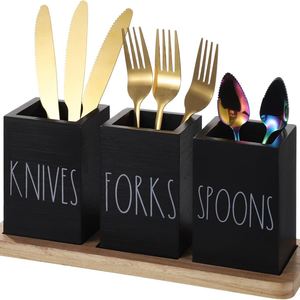 Farmhouse Rectangle Wooden 3-Compartment Cutlery Holder Caddy with Wood Base <b>for</b> <b>Kitchen</b> <b>Storage</b> - Product Image 1