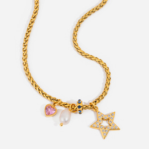 Collier en chaîne dorée avec pendentif étoile, cœur rose, perle et zircon pour femme, à porter au quotidien - Product Image 1
