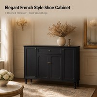 Armoire à chaussures contemporaine à portes battantes, 4 portes, 1 tiroir, panneaux en bois aggloméré, pieds en bois massif, poignées métalliques, durable, blanc crème