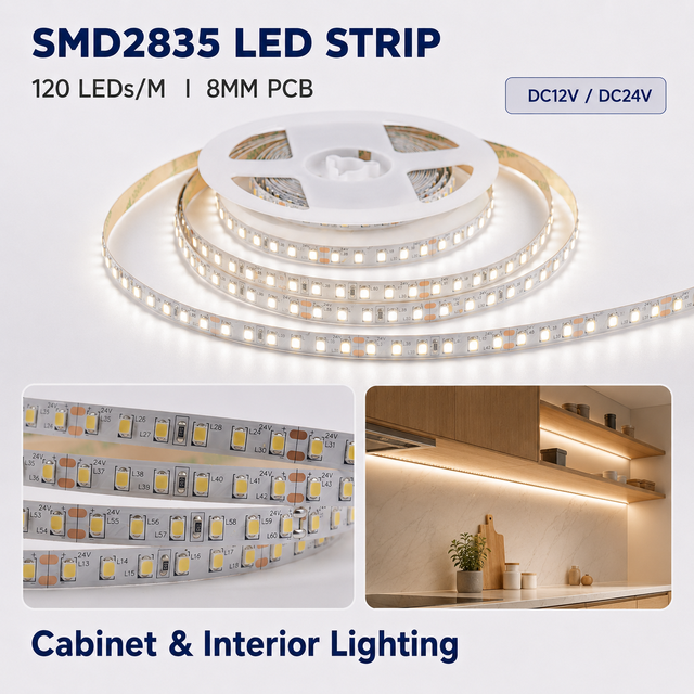 High Brightness SMD2835 120LEDs/m CRI90 24V 8mm Flexible LED Tape Light 2700K-6000K 10m Roll for Furniture Cabinet Lighting