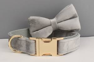 Harnais rembourré personnalisé pour chiens de petite/moyenne/grande taille, velours gris, collier pour chien personnalisé, nœud papillon, porte-sac à crottes, nylon, alliage - Product Image 6