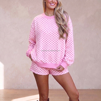 Conjunto de 2 Piezas para Mujer, Color Rosa con Puntos, para San Valentín, Sudadera con Cuello Redondo y Parche LOVED, Pantalones Cortos con Cordón, Ropa de Estar en Casa, Tallas Grandes Personalizadas