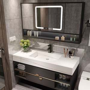 Ensemble de meuble-lavabo de salle de bain LED haut de gamme avec armoire de rangement, design imperméable, matériau mélamine en blanc/noir pour hôtels et appartements - Product Image 3