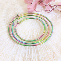 Boucles d'oreilles en acier inoxydable pour femmes, bijoux simples, or, argent, arc-en-ciel, grand cercle, nouvelle collection 2021