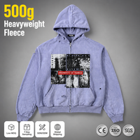 Sweat à capuche zippé RAMAX Heavyweight violet délavé effet vieilli style grunge Y2K streetwear pour homme, veste graphique, commande en gros personnalisée
