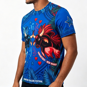 T-shirt formel personnalisé pour le festival du folklore, impression numérique, motif Boi <span class=keywords><strong>Bumba</strong></span> Caprichoso, bleu, pour le marché brésilien - Product Image 4