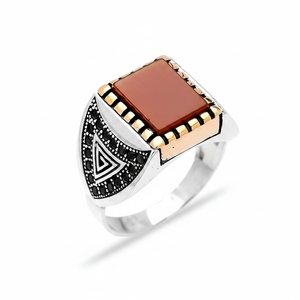 Square Agate Gemstone Round Black Zircon Stone Design Ottoman <b>Men's</b> <b>Ring</b> Turkish Handmade Wholesale Authentic <b>Silver</b> <b>Men</b> <b>Ring</b> - Product Image 2