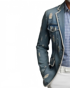 Chaqueta Blazer de Mezclilla Azul Desgastada para <span class=keywords><strong>Hombre</strong></span> con Ribete Blanco, Estilo Casual y Elegante, Corte Entallado, Prenda Exterior Moderna - Product Image 5