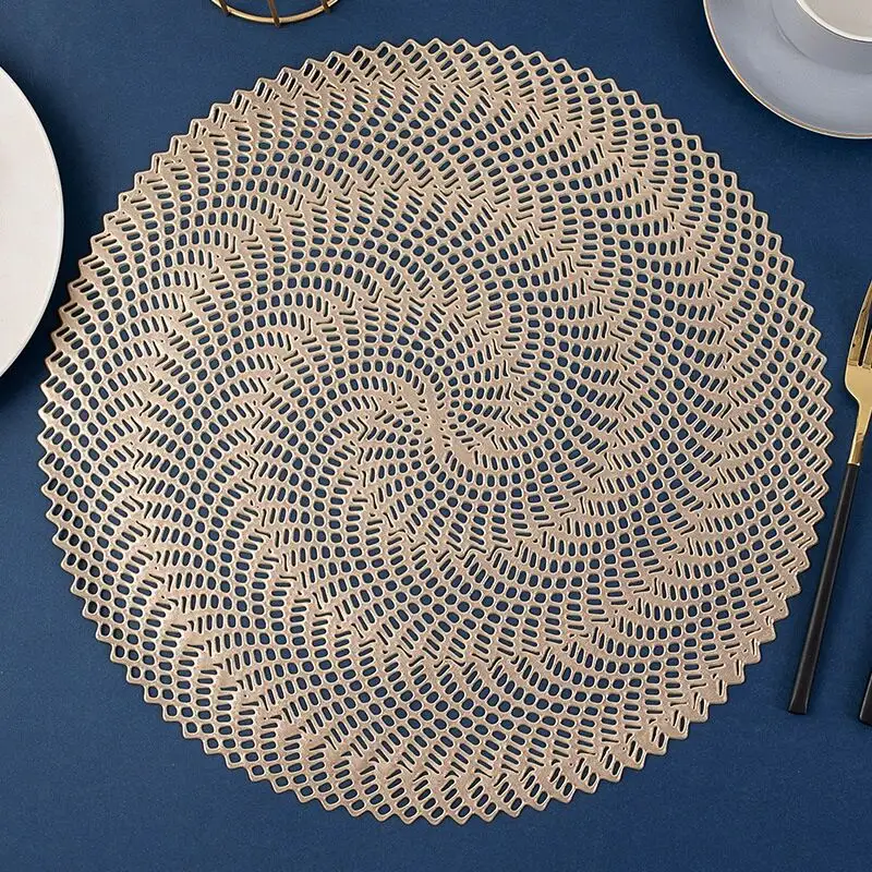 Altın metalik yuvarlak Placemats lamine vinil yaprak yemek masası dekoratif