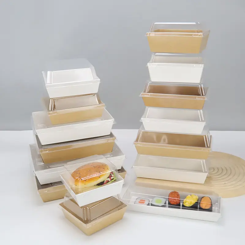 आयताकार क्राफ्ट पेपर बॉक्स पुनर्नवीनीकरण बेकरी खाद्य पैकिंग प्लास्टिक साफ़ ढक्कन के साथ छोटा पेस्ट्री केक बॉक्स सैंडविच बॉक्स