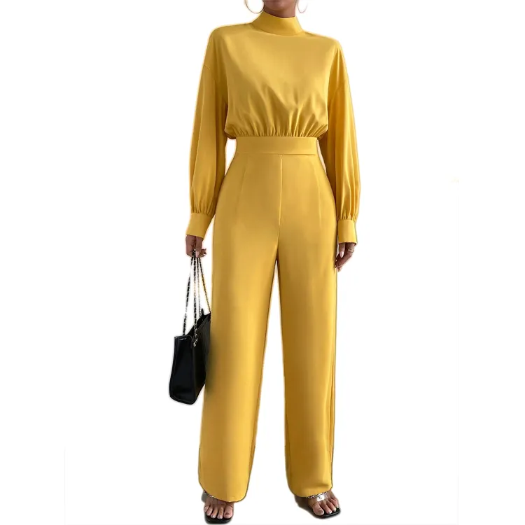 Custom Herfst Elegant Kantoor Dames Mock Hals Jumpsuits Lantaarn Mouw Wijde Pijpen Een Stuk Formele Jumpsuit Werkkleding Voor Vrouwen