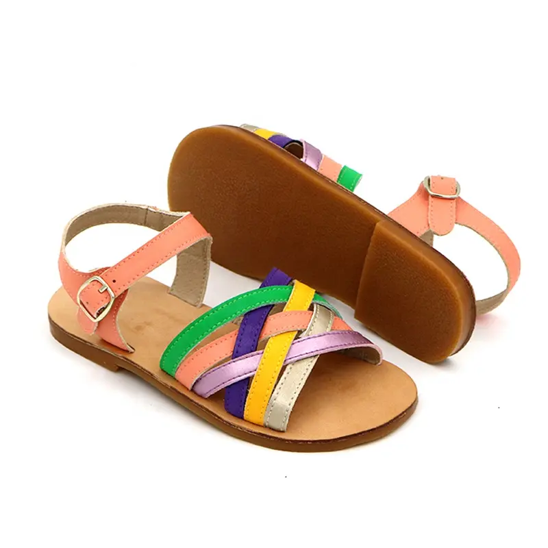 Neon Leather Kids' Summer Flat Sandals Princess Sandals With Ankle Strap Girl's Retro Shoes