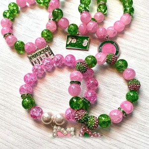 <span class=keywords><strong>Set</strong></span> di Bracciali Personalizzati con Charm Sorority, Decorati con Strass e Perline, Stile Greco, Elastici, in Giada Rosa e Verde - Product Image 2