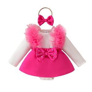 Tutina/Vestitino per <span class=keywords><strong>Neonata</strong></span> Autunno Inverno a Maniche Lunghe in Maglia a Costine con Scollo a V, con Fondo in Rete a Tinta Unita, Fiocco e Perline - Product Image 5