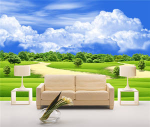 Papel Tapiz Impermeable de Paisaje Campestre Verde Fresco |   Mural de Paisaje Natural con Diseño Moderno de Cielo <span class=keywords><strong>Azul</strong></span> y Nubes Blancas para - Product Image 2