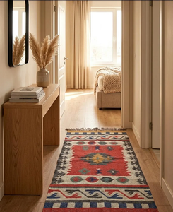 Tapis du Sud-Ouest en laine et jute fait main |   Tapis géométrique tribal rouge bohème pour salon, chambre, couloir, décoration intérieure de style farmhouse - Product Image 5