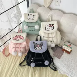 Botu New Arrivals Cartoon Backpacks Drawstring Stuffed Fur Fluffy Girls Shoulder Bags My Melody Hello KT Kuromi Plush Backpack