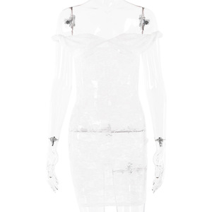 Vestido de encaje con hombros descubiertos, falda corta de cintura ajustada, ropa de fiesta translúcida - Product Image 5