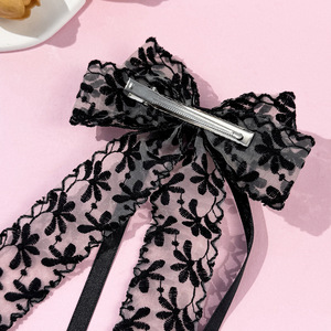 Grosir klip rambut busur pita elegan Perancis klip busur bordir renda dengan pita Tulle tipis untuk wanita - Product Image 5