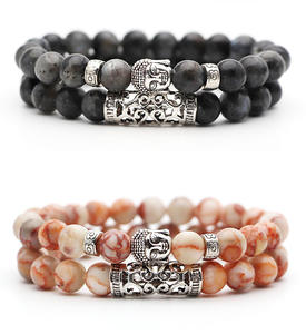 Gelang Batu Alam 2Pcs/Set 8mm Trendy Custom, Semua Jenis Batu Chakra Energi, Batu Lava Vulkanik Hitam, Liontin Buddha Logam - Product Image 3