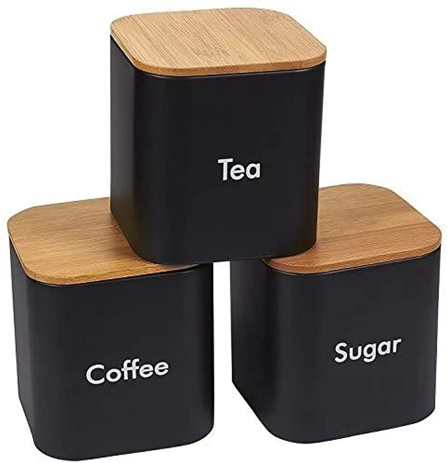 Kitchen Canister Set - 3-Piece Coffee, Sugar, and Tea Storage Container Jars with Bamboo Lids, Kitchen Organizers, Black