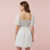 Robe Courte Femme en Mousseline Imprimé Floral Personnalisé, Col Cœur, Manches Bouffantes, Buste Froncé Élégant, Taille Haute, Coupe Trapèze