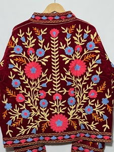 Women's Red Velvet Embroidered Jacket Mandarin Collar Floral Hand Embroidery Full Sleeve Autumn Style <b>Coat</b> - Product Image 2