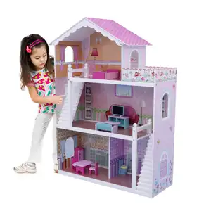 2021 Fashionable Role Play Interactive Doll House Wooden With 15 Pieces Miniature Furniture Inside Majestic Big Doll House