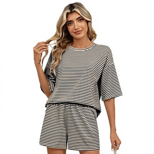 Conjunto de 2 Piezas de Shorts de Punto a Rayas para Mujer, Cuello Redondo, Manga Corta, Corte Holgado, Informal, para Primavera, Verano, Uso Diario - Product Image 6