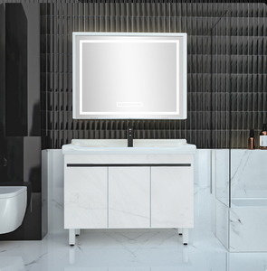 Ensemble de meuble-lavabo moderne noir sur pied avec miroir et vasque en céramique blanche pour rangement de salle de bain - Vente en gros usine - Product Image 2