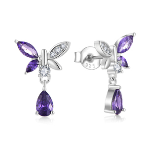 Klassische Tropfen-Ohrringe aus 925er Sterlingsilber mit Schmetterlingsmotiv und violetten Zirkonia-Steinen für Hochzeiten und Partys als Geschenk. - Product Image 1