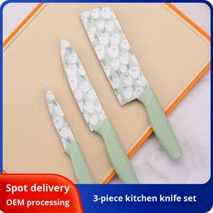 Ensemble de 3 couteaux de chef en acier inoxydable à imprimé floral vert menthe, manches en plastique PP brillant, longueur de lame de 8 à 9,9 pouces, pour droitiers - Product Image 3
