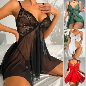 Pyjama sexy en dentelle avec nœud, décolleté plongeant en V, translucide, rouge, grande taille, style européen-américain, lingerie <span class=keywords><strong>de</strong></span> maison - Product Image 1