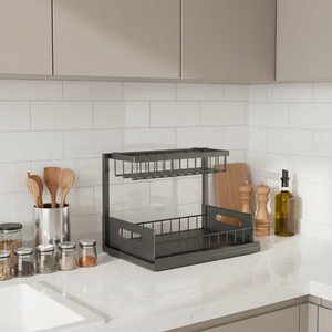 Étagère à épices de cuisine en acier au carbone, extractible en forme de L, sans perçage, multifonctionnelle, à 2 niveaux, pour rangement <span class=keywords><strong>sous</strong></span> l'évier, pour la maison - Product Image 1