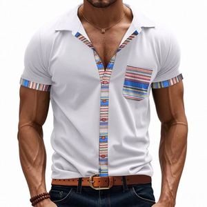 Camisa Blanca de Manga Corta a Rayas con Bolsillo para Hombre, Casual, Primavera Verano, Algodón, Cuello Camisero, Corte Regular - Product Image 1