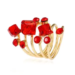 促销时尚多色水晶水钻尺寸戒指方形锆石红宝石可调多层指环